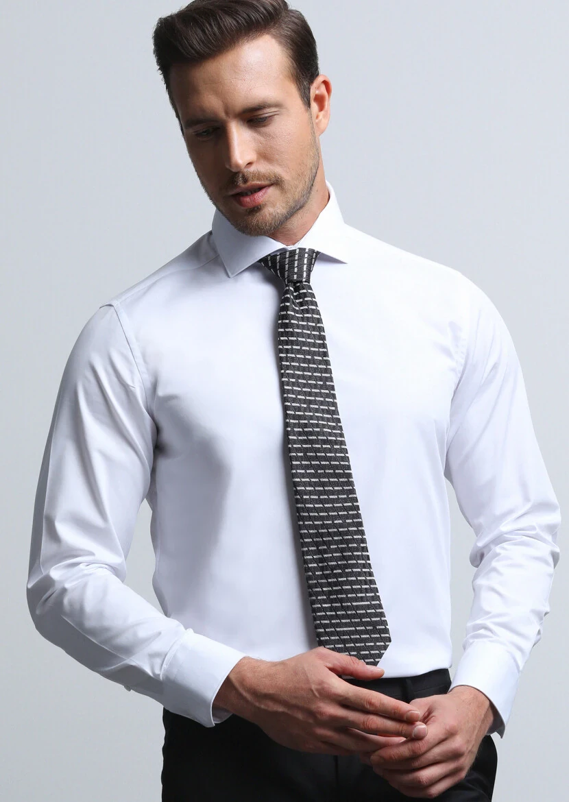 White Plain Regular Fit Weaving Classical Cotton Blended Shirt - RAMSEY