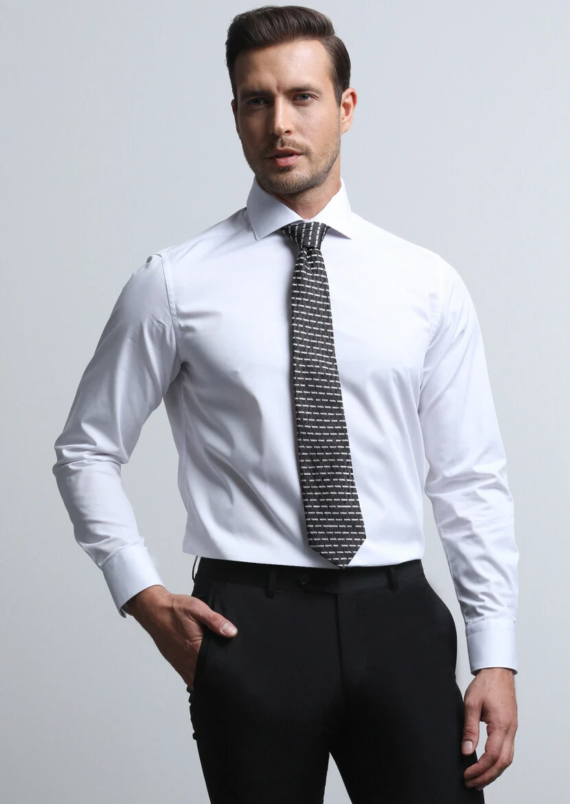 White Plain Regular Fit Weaving Classical Cotton Blended Shirt - 4