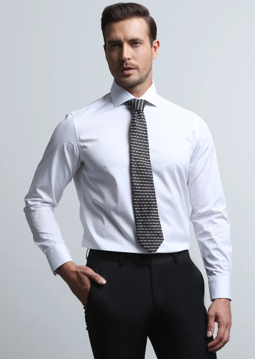 White Plain Regular Fit Weaving Classical Cotton Blended Shirt - 4