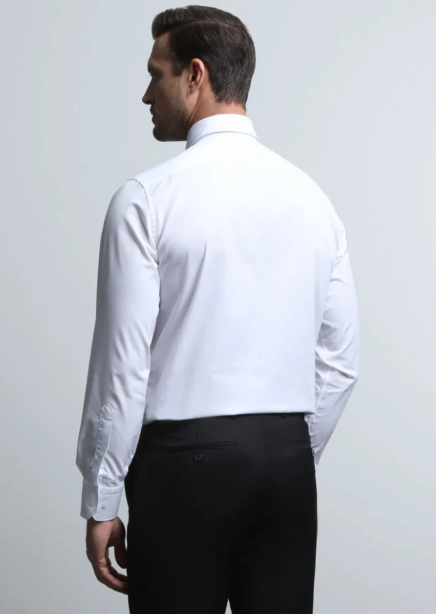 White Plain Regular Fit Weaving Classical Cotton Blended Shirt - 5