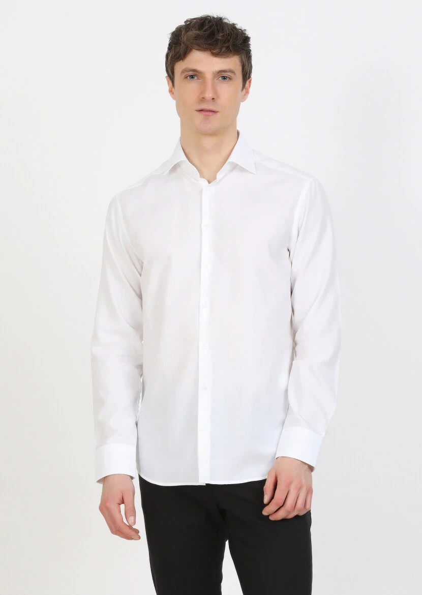 White Plain Regular Fit Weaving Classical Cotton Blended Shirt - 1