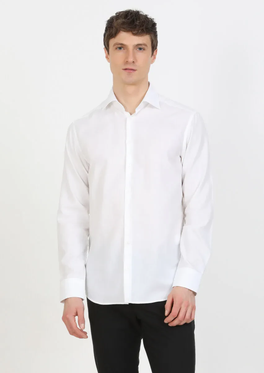 White Plain Regular Fit Weaving Classical Cotton Blended Shirt - 1