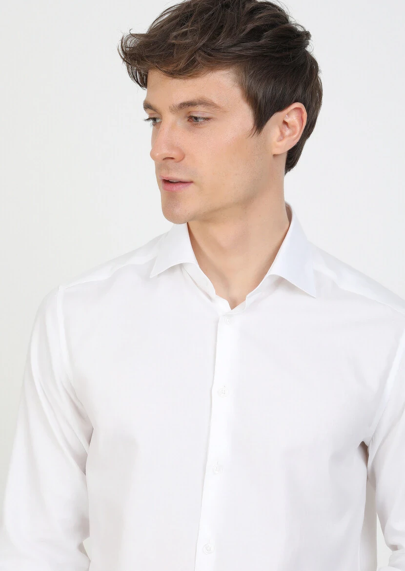 White Plain Regular Fit Weaving Classical Cotton Blended Shirt - 2