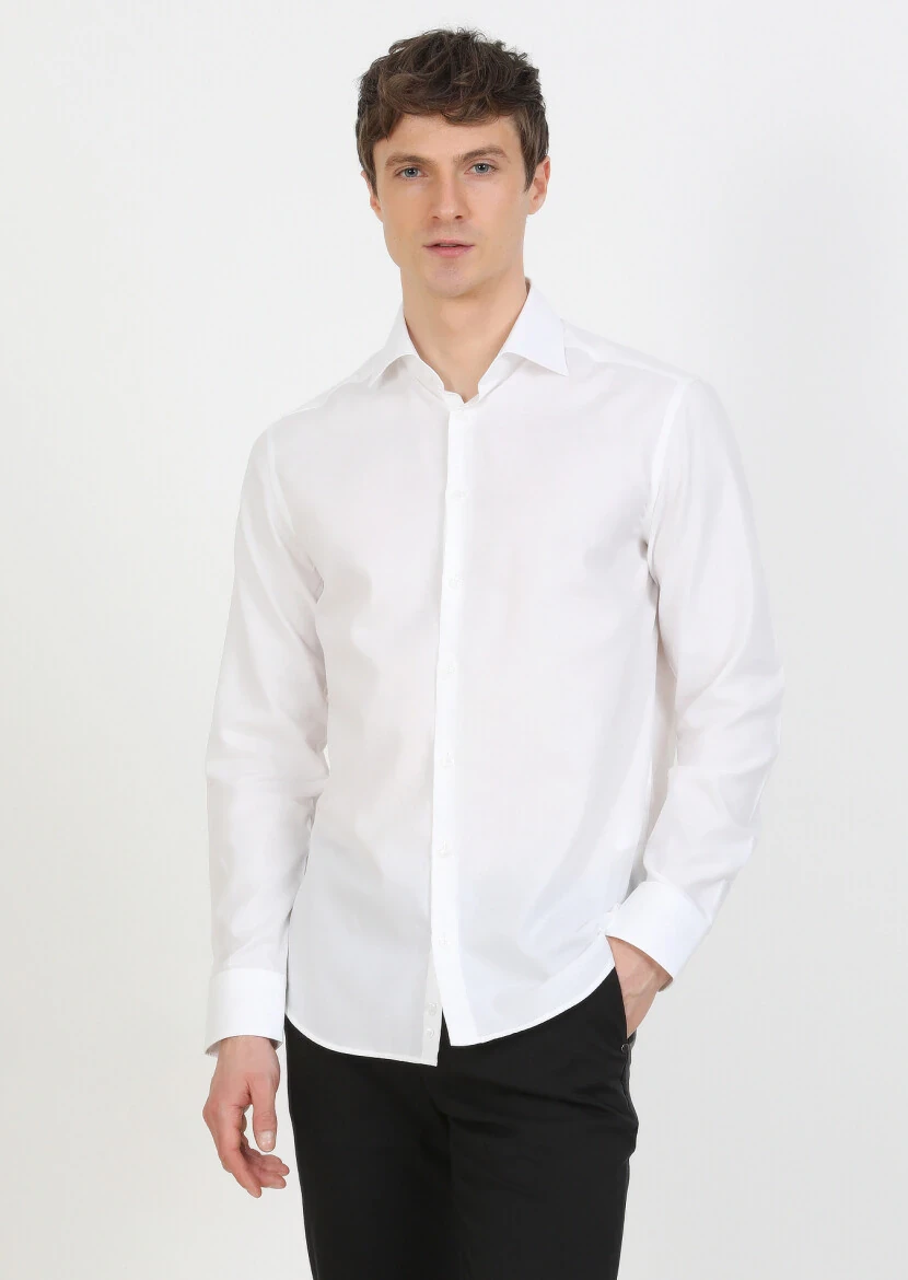 White Plain Regular Fit Weaving Classical Cotton Blended Shirt - 3