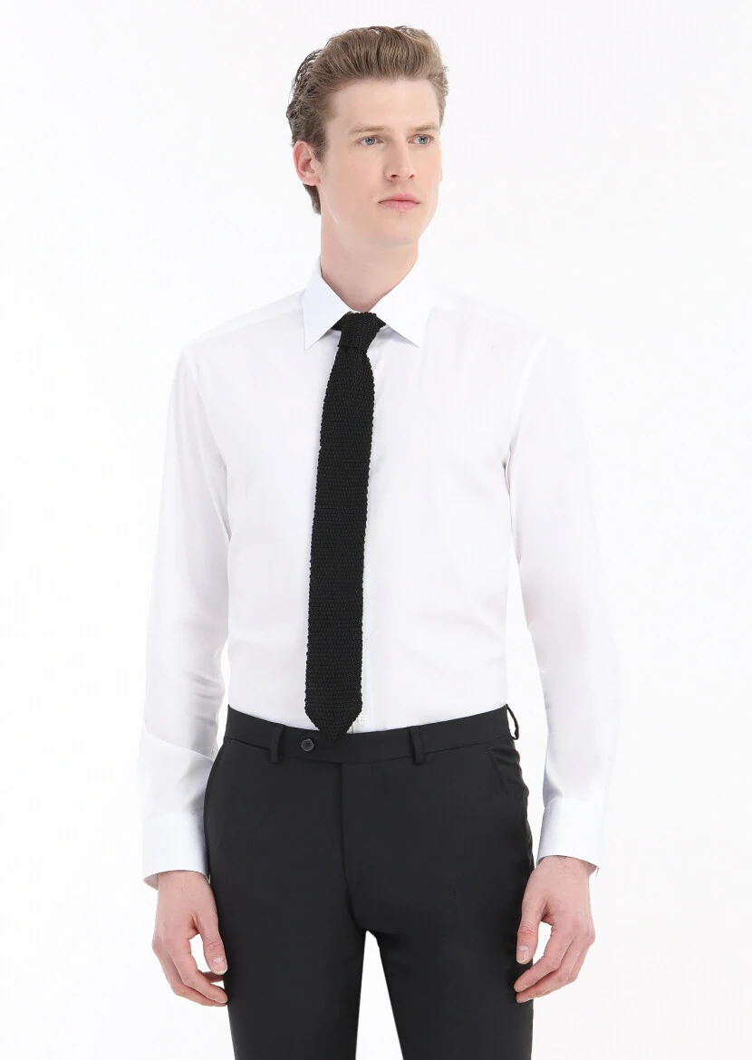 White Plain Regular Fit Weaving Classical Cotton Blended Shirt - 2