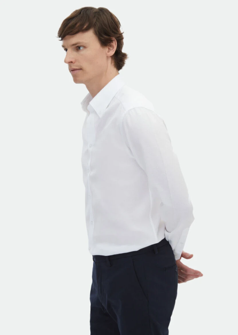 White Plain Regular Fit Weaving Classical Cotton Blended Shirt - 3