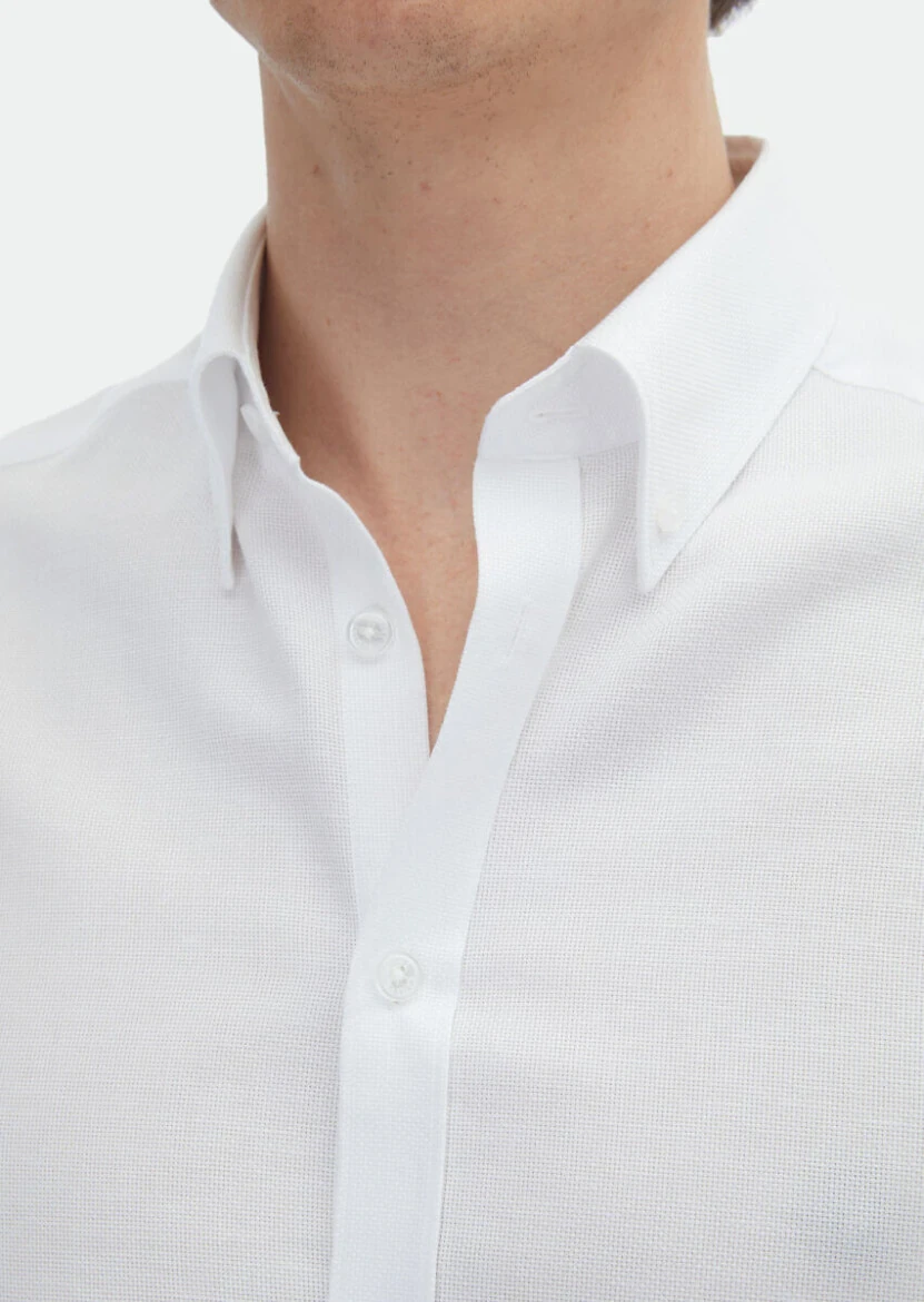 White Plain Regular Fit Weaving Classical Cotton Blended Shirt - 5