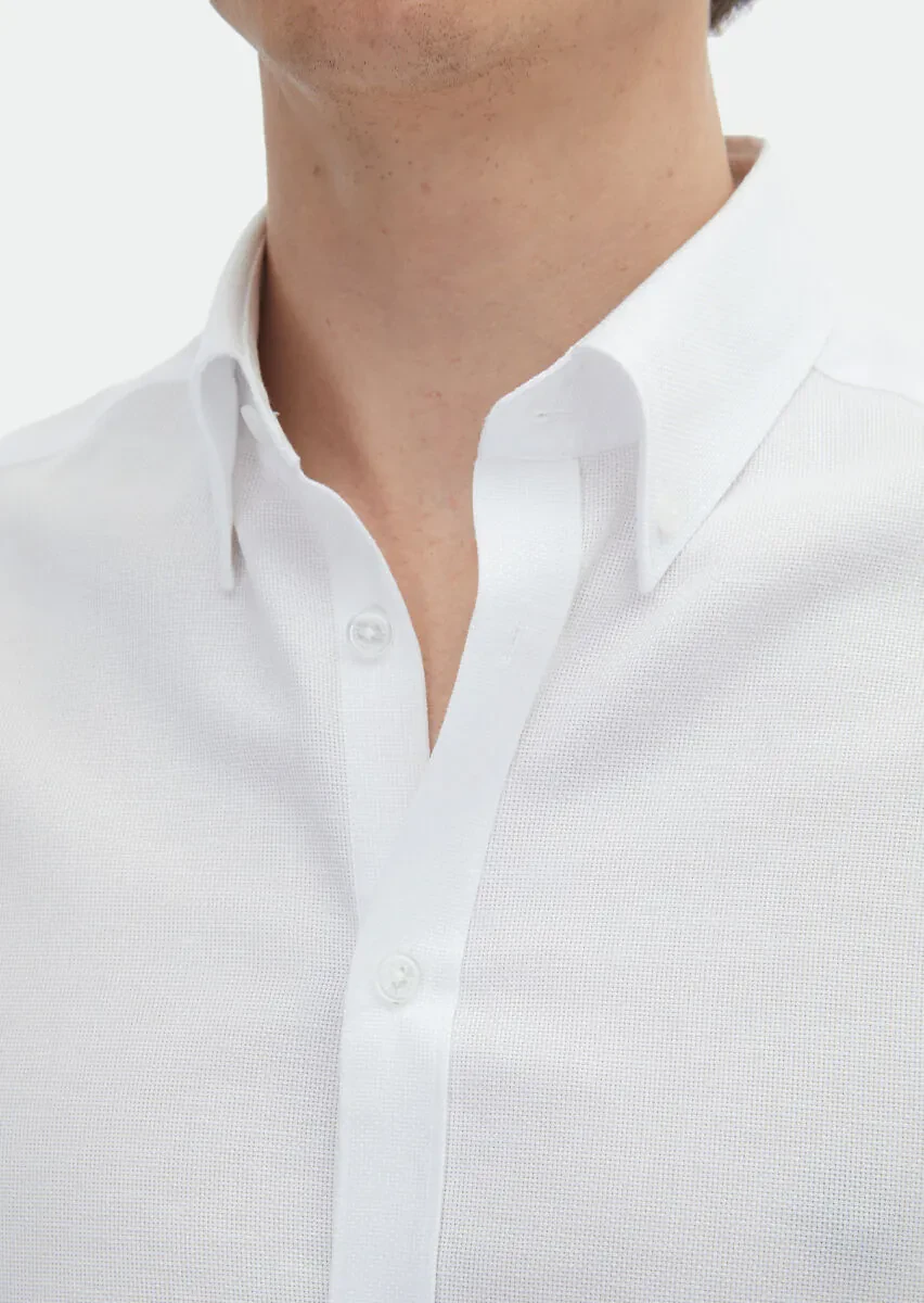 White Plain Regular Fit Weaving Classical Cotton Blended Shirt - 5