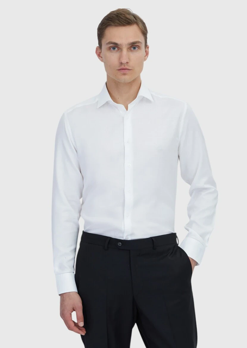 White Plain Regular Fit Weaving Classical Cotton Blended Shirt - RAMSEY