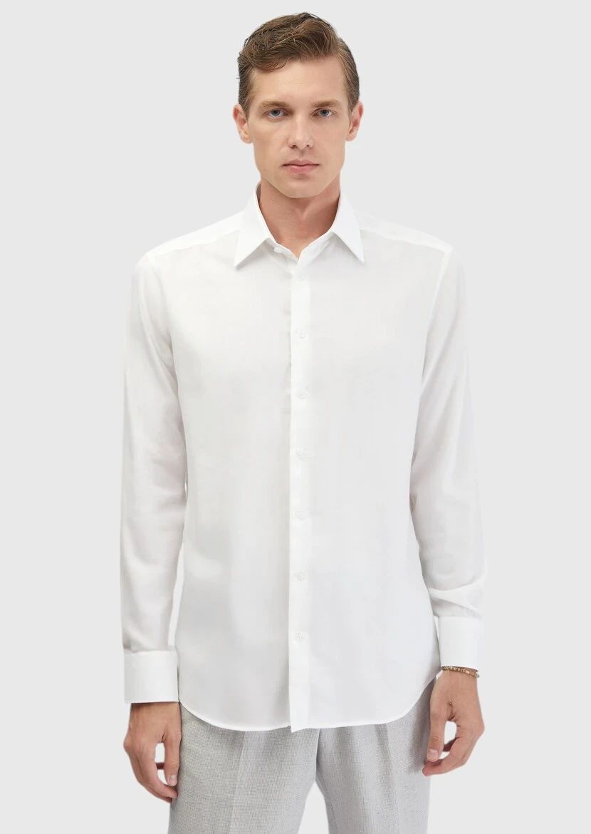 White Plain Regular Fit Weaving Classical Cotton Blended Shirt - 3