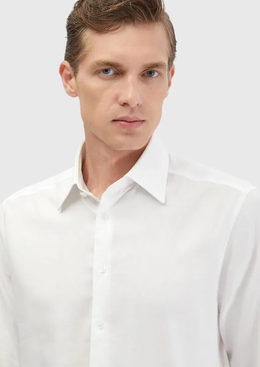 White Plain Regular Fit Weaving Classical Cotton Blended Shirt - 4