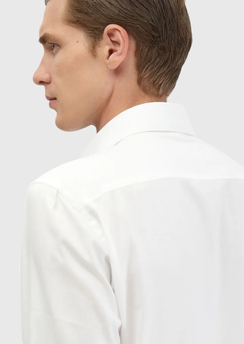 White Plain Regular Fit Weaving Classical Cotton Blended Shirt - 5