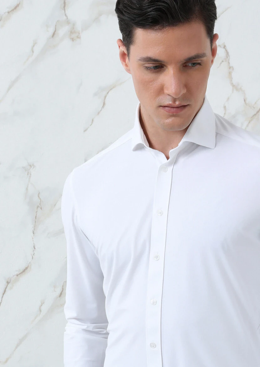 White Plain Regular Fit Weaving Classical Shirt - 2