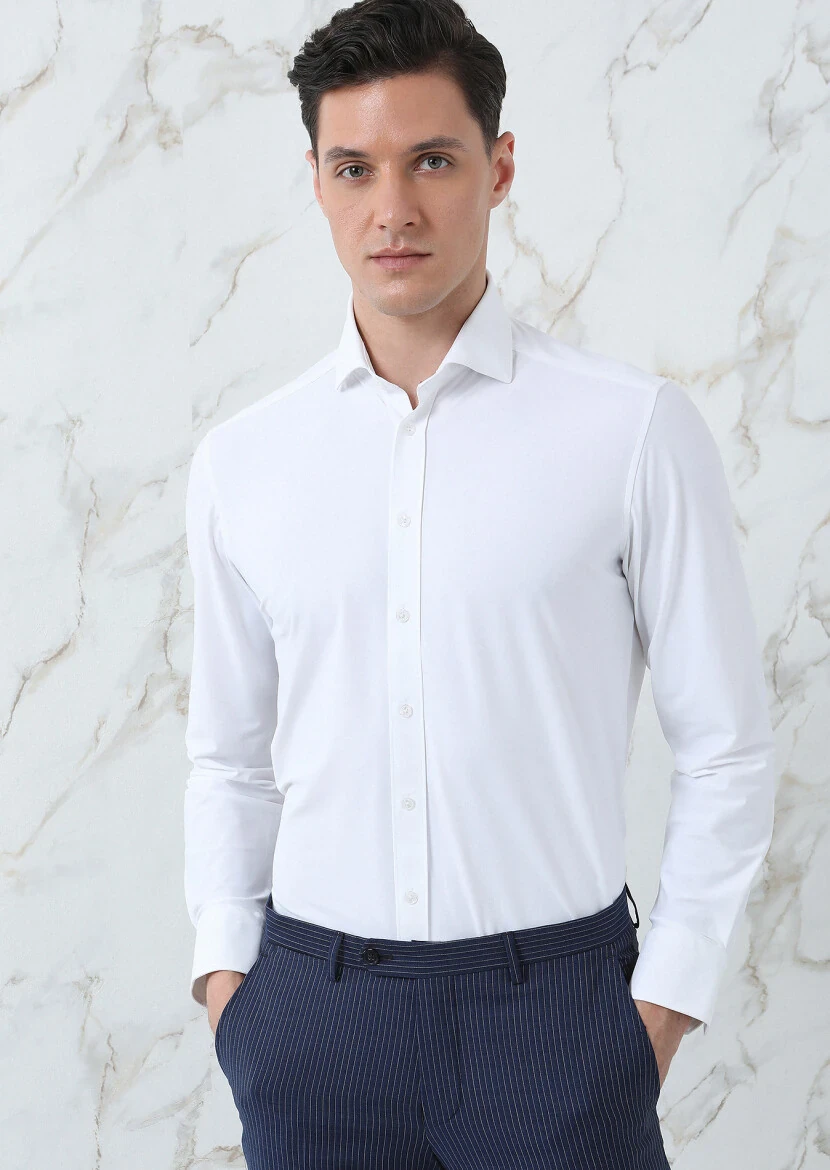 White Plain Regular Fit Weaving Classical Shirt - 3