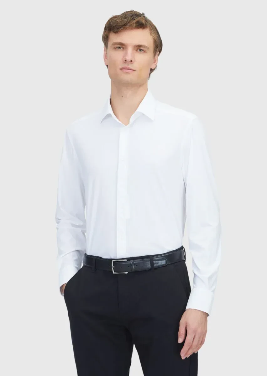 White Plain Regular Fit Weaving Classical Shirt - 1