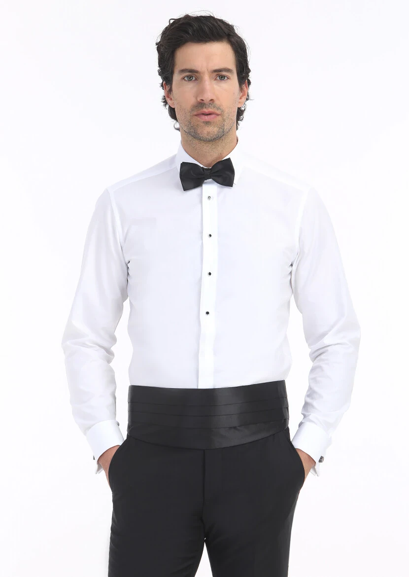 White Plain Slim Fit Double Cuff Classic Collar Tuxedo Shirts - RAMSEY
