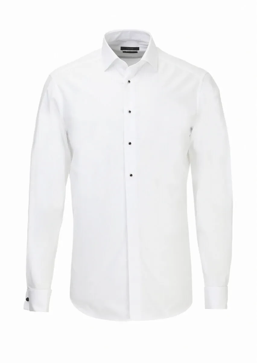 White Plain Slim Fit Double Cuff Classic Collar Tuxedo Shirts - 5