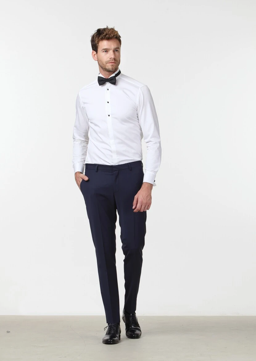 White Plain Slim Fit Double Cuff Wing Collar Tuxedo Shirts - RAMSEY