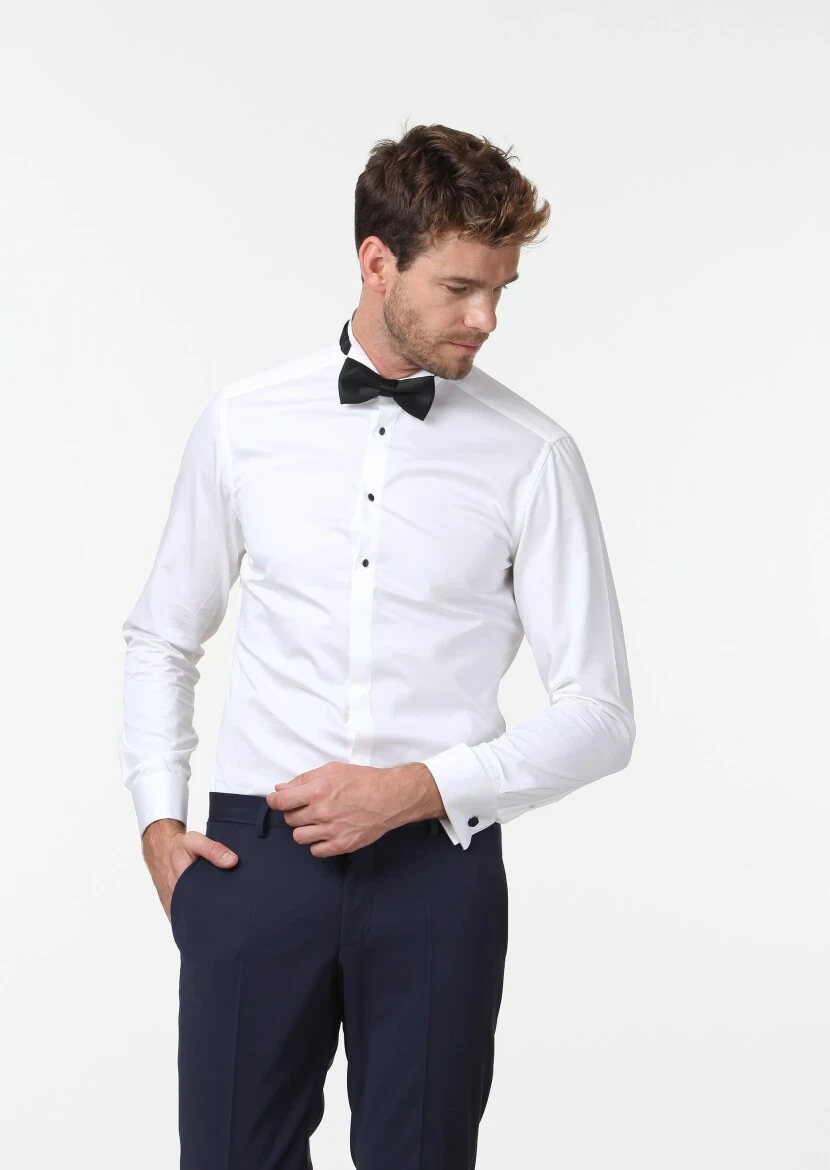 White Plain Slim Fit Double Cuff Wing Collar Tuxedo Shirts - 3
