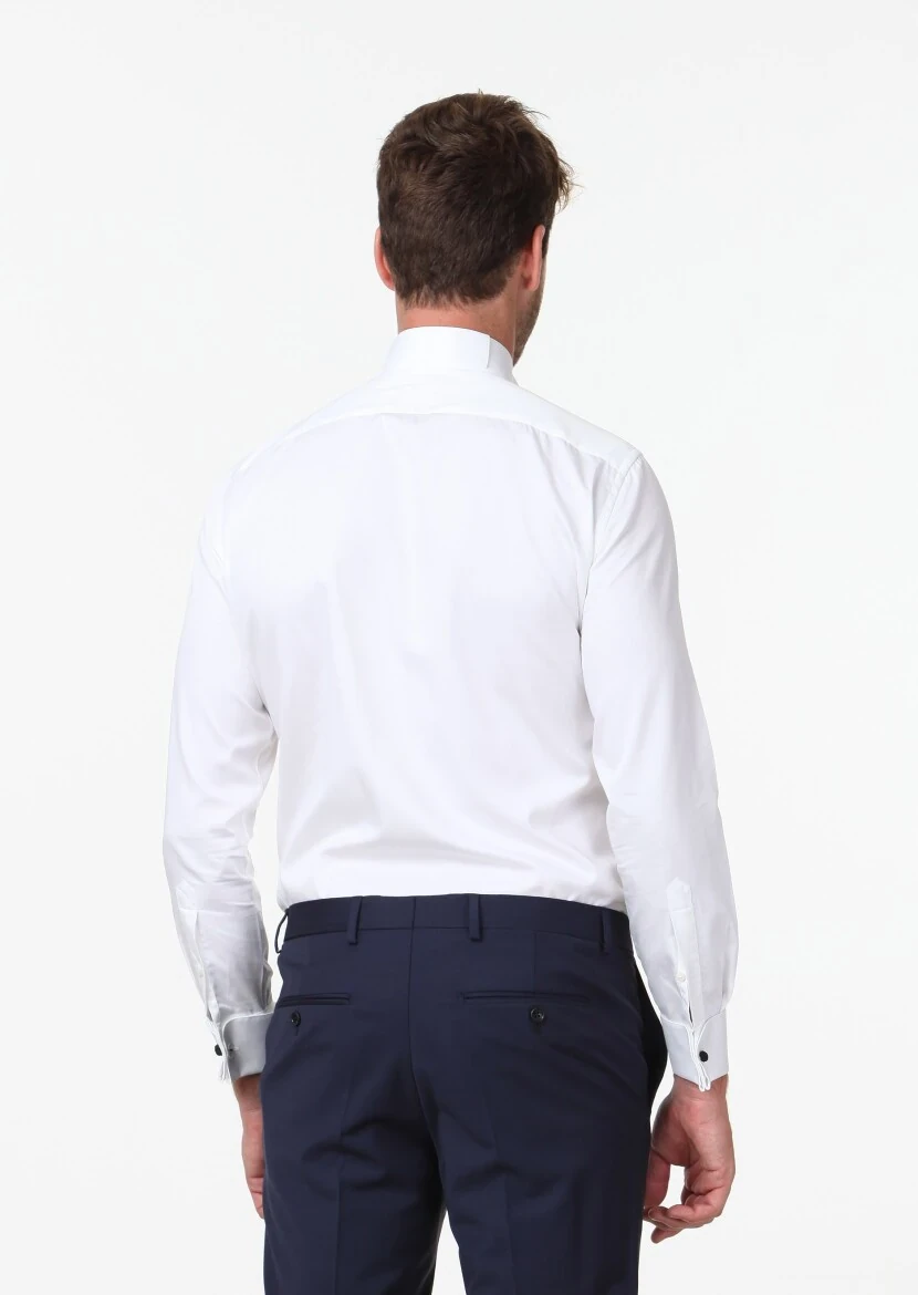White Plain Slim Fit Double Cuff Wing Collar Tuxedo Shirts - 4