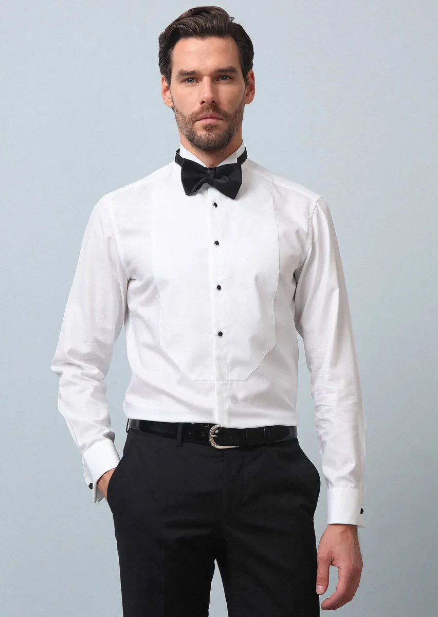 White Plain Slim Fit Double Cuff Wing Collar Tuxedo Shirts - 1