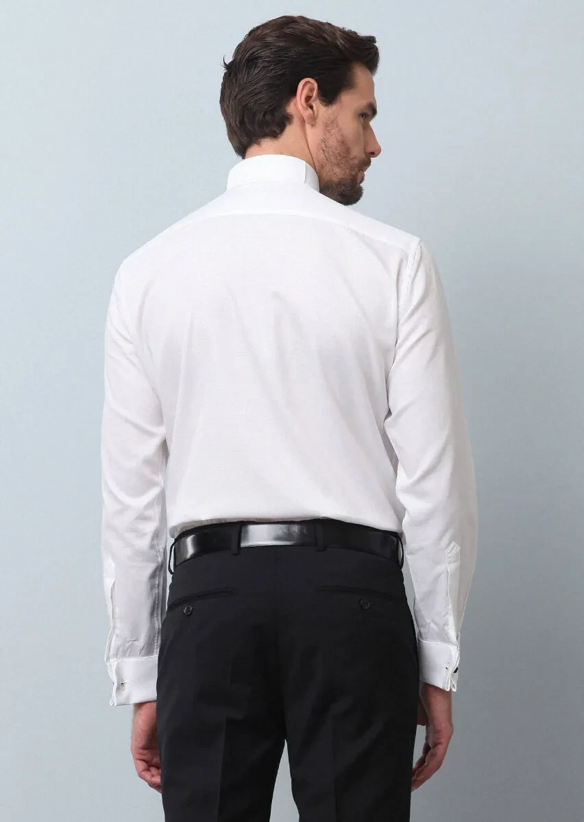 White Plain Slim Fit Double Cuff Wing Collar Tuxedo Shirts - 5