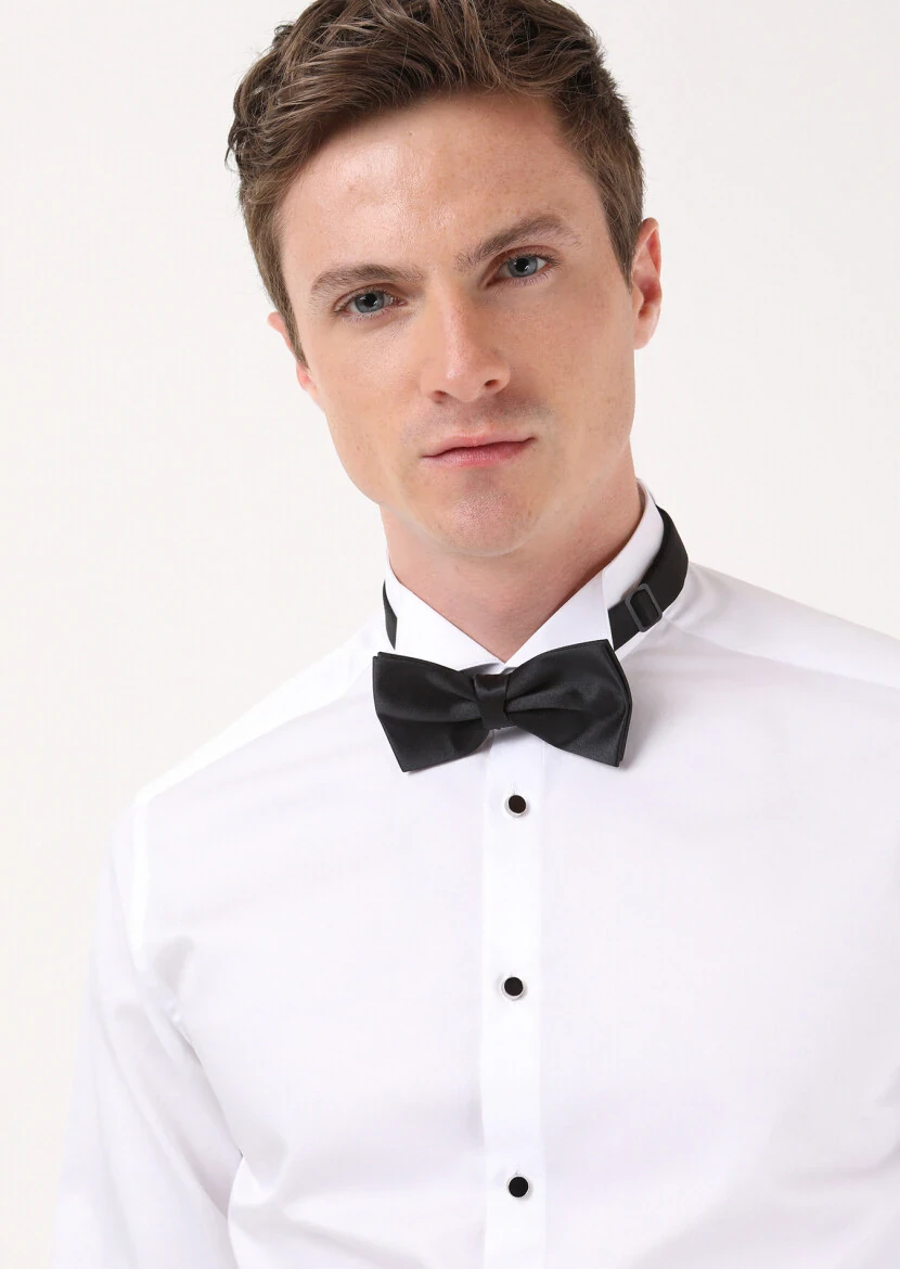White Plain Slim Fit Double Cuff Wing Collar Tuxedo Shirts - RAMSEY