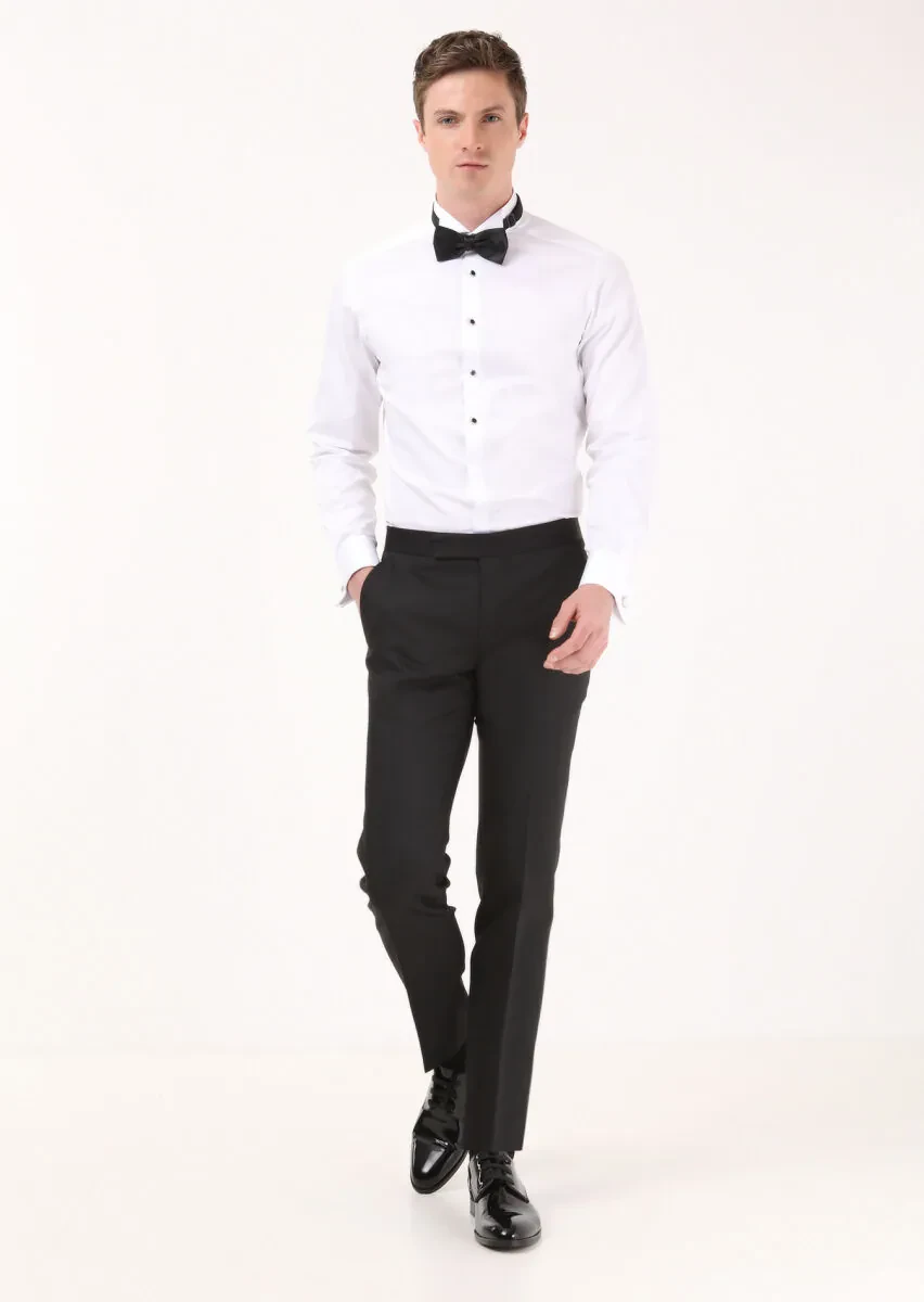 White Plain Slim Fit Double Cuff Wing Collar Tuxedo Shirts - 3