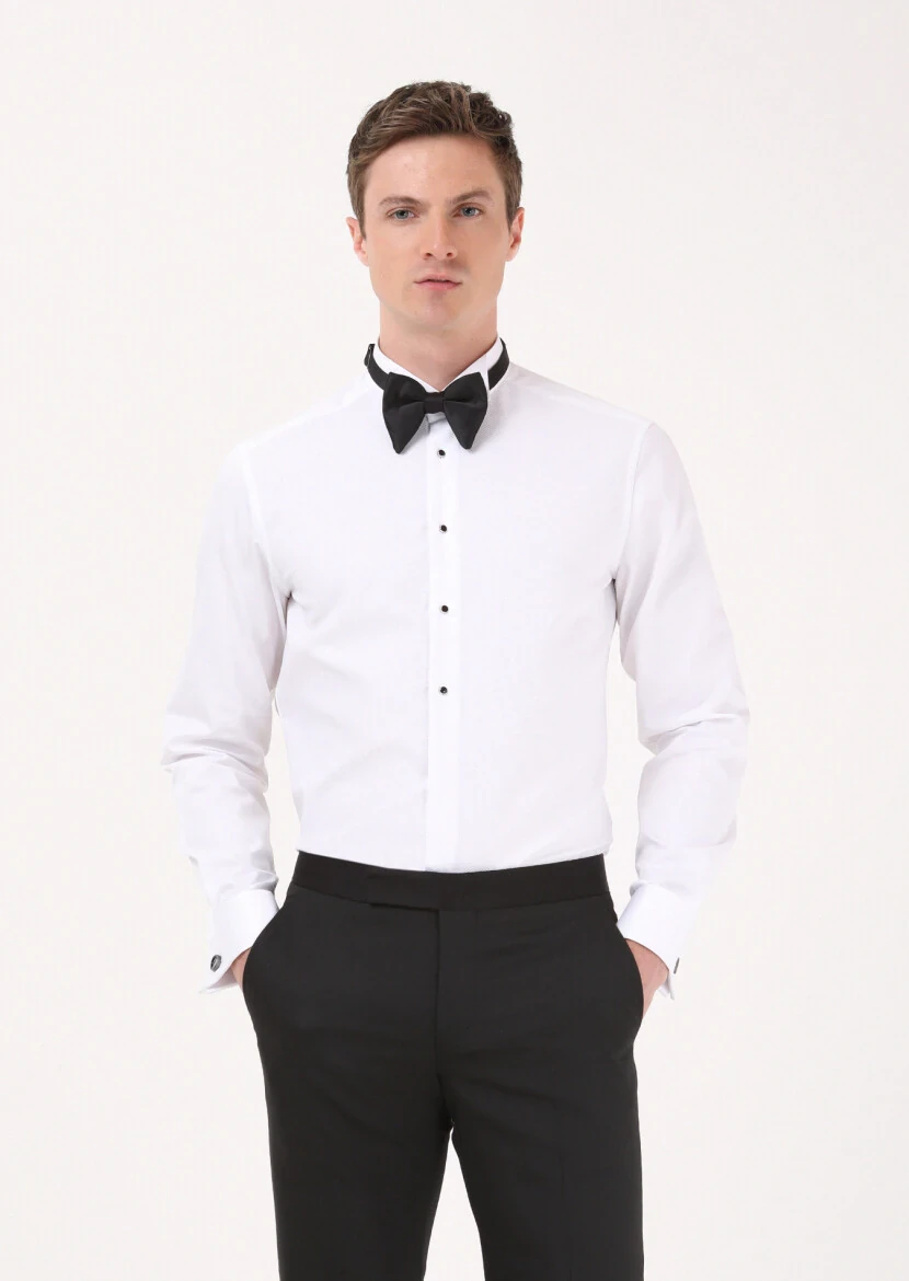 White Plain Slim Fit Double Cuff Wing Collar Tuxedo Shirts - RAMSEY