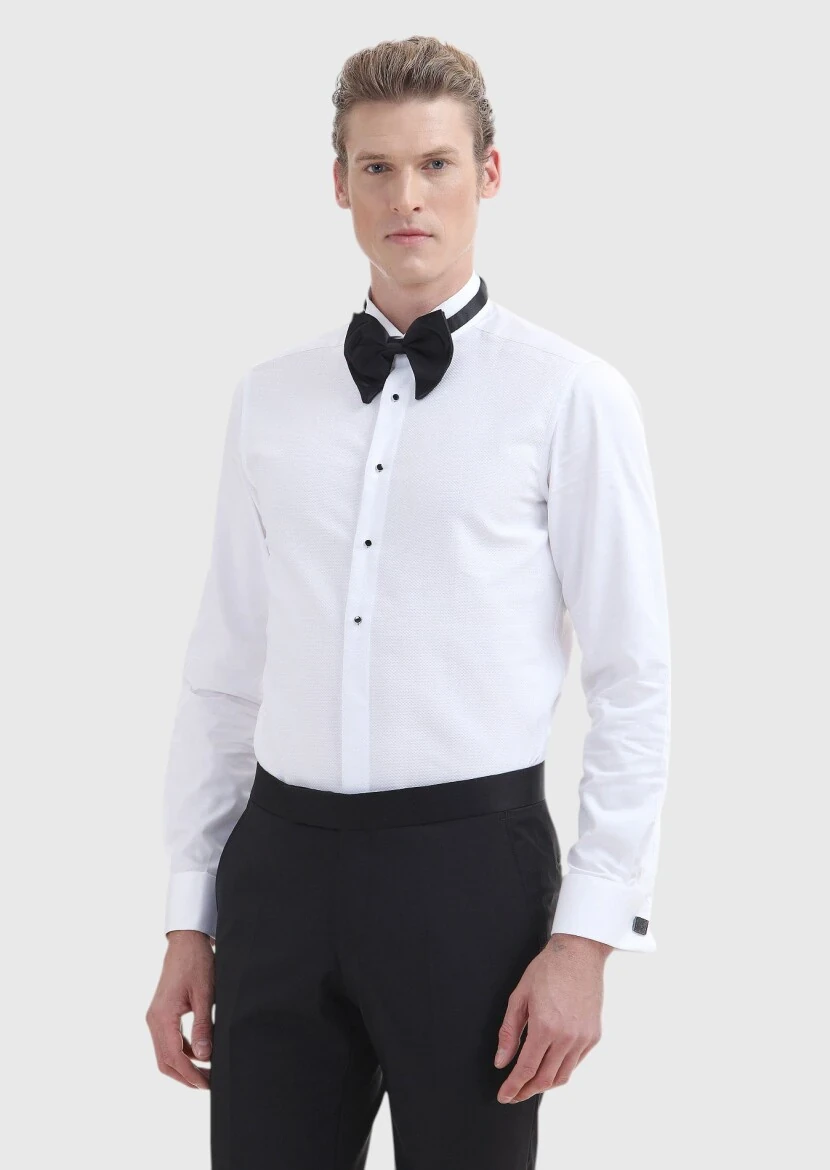 White Plain Slim Fit Double Cuff Wing Collar Tuxedo Shirts - 1