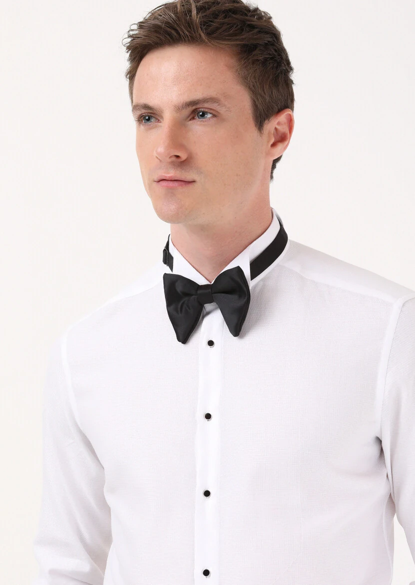 White Plain Slim Fit Double Cuff Wing Collar Tuxedo Shirts - RAMSEY