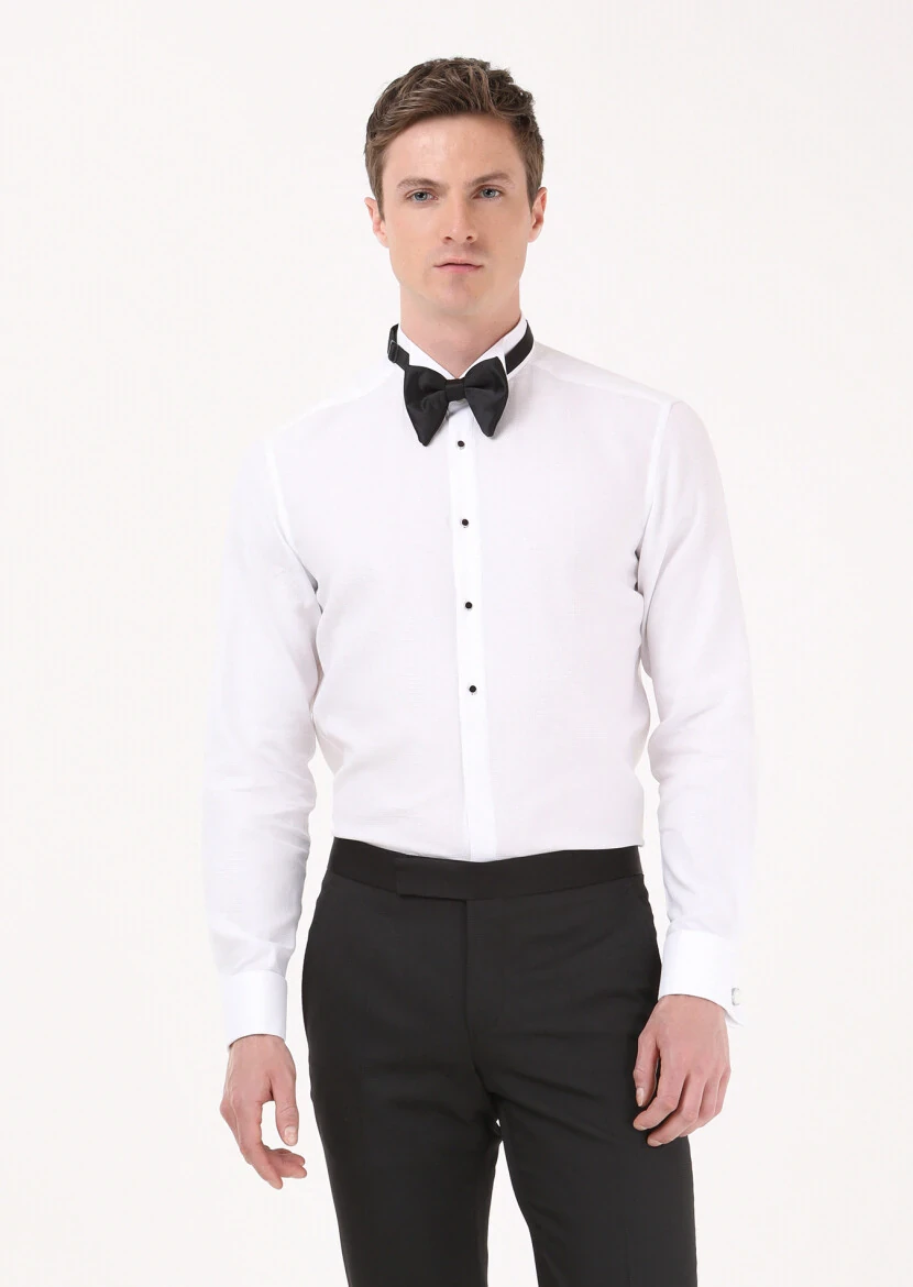 White Plain Slim Fit Double Cuff Wing Collar Tuxedo Shirts - RAMSEY