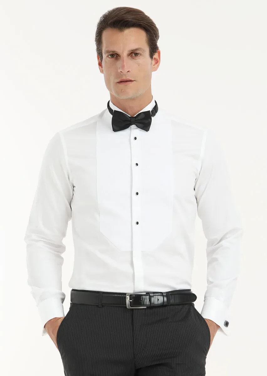 White Plain Slim Fit Double Cuff Wing Collar Tuxedo Shirts - 2