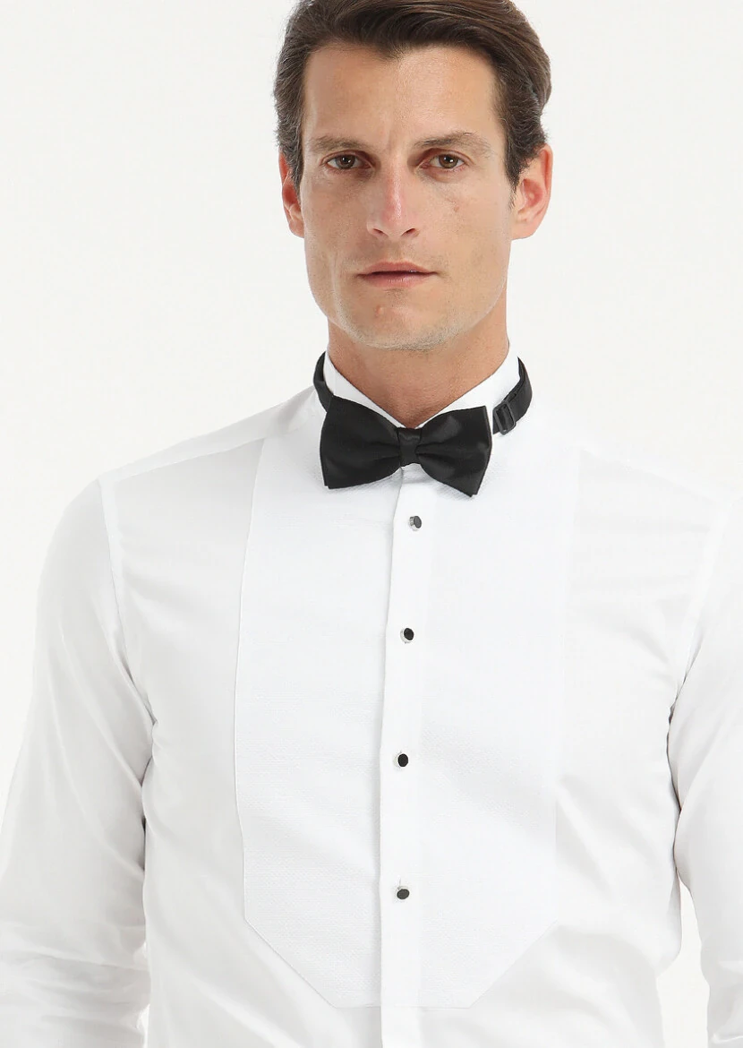 White Plain Slim Fit Double Cuff Wing Collar Tuxedo Shirts - 3
