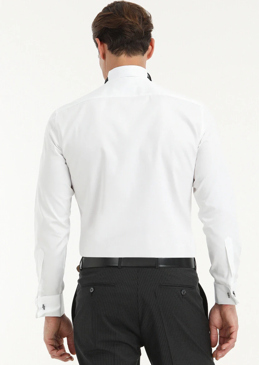 White Plain Slim Fit Double Cuff Wing Collar Tuxedo Shirts - 4