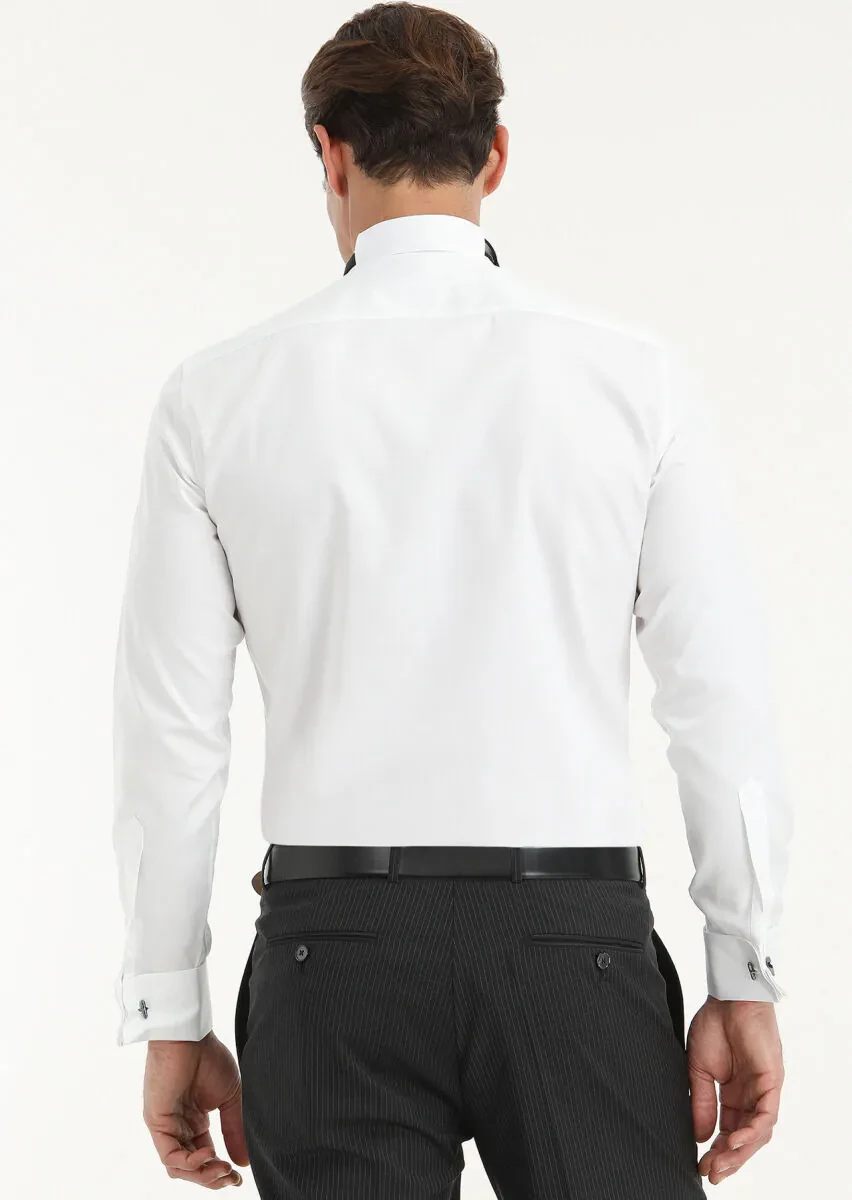 White Plain Slim Fit Double Cuff Wing Collar Tuxedo Shirts - 4