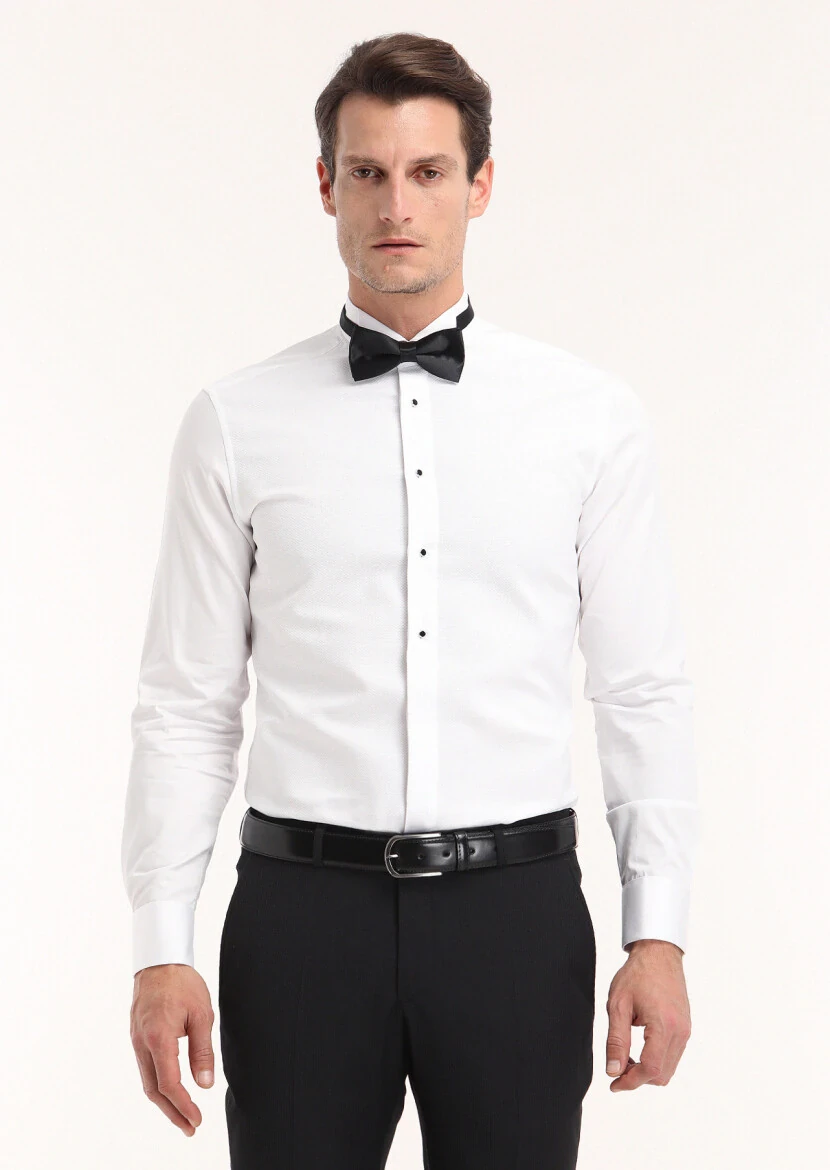 White Plain Slim Fit Double Cuff Wing Collar Tuxedo Shirts - RAMSEY