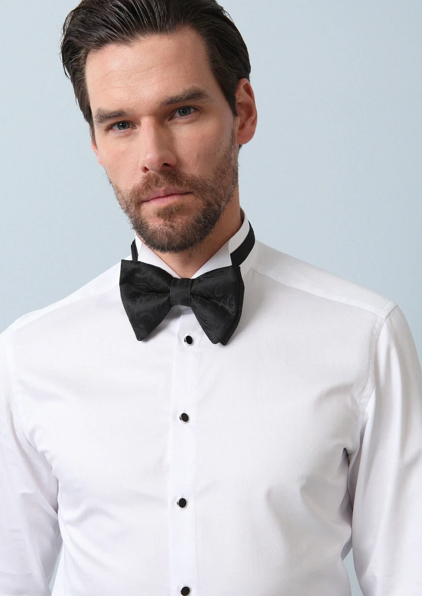 White Plain Slim Fit Double Cuff Wing Collar Tuxedo Shirts - RAMSEY