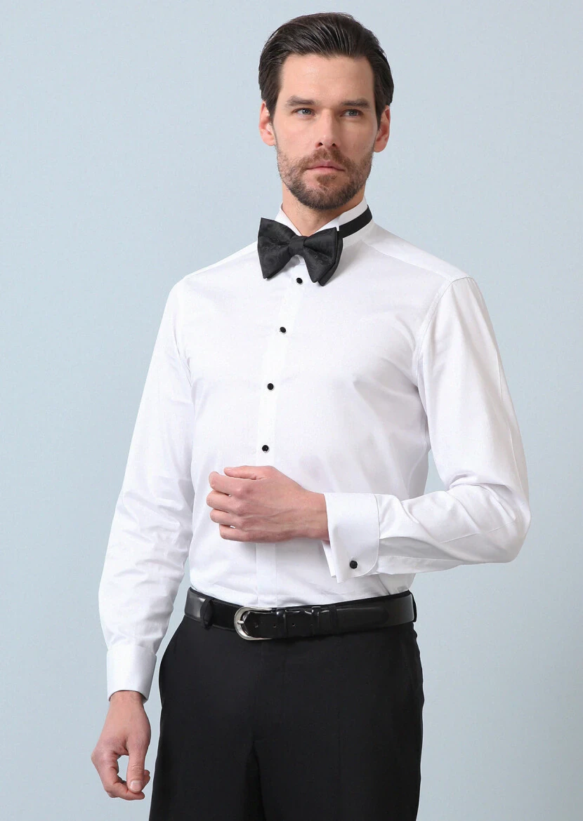 White Plain Slim Fit Double Cuff Wing Collar Tuxedo Shirts - RAMSEY