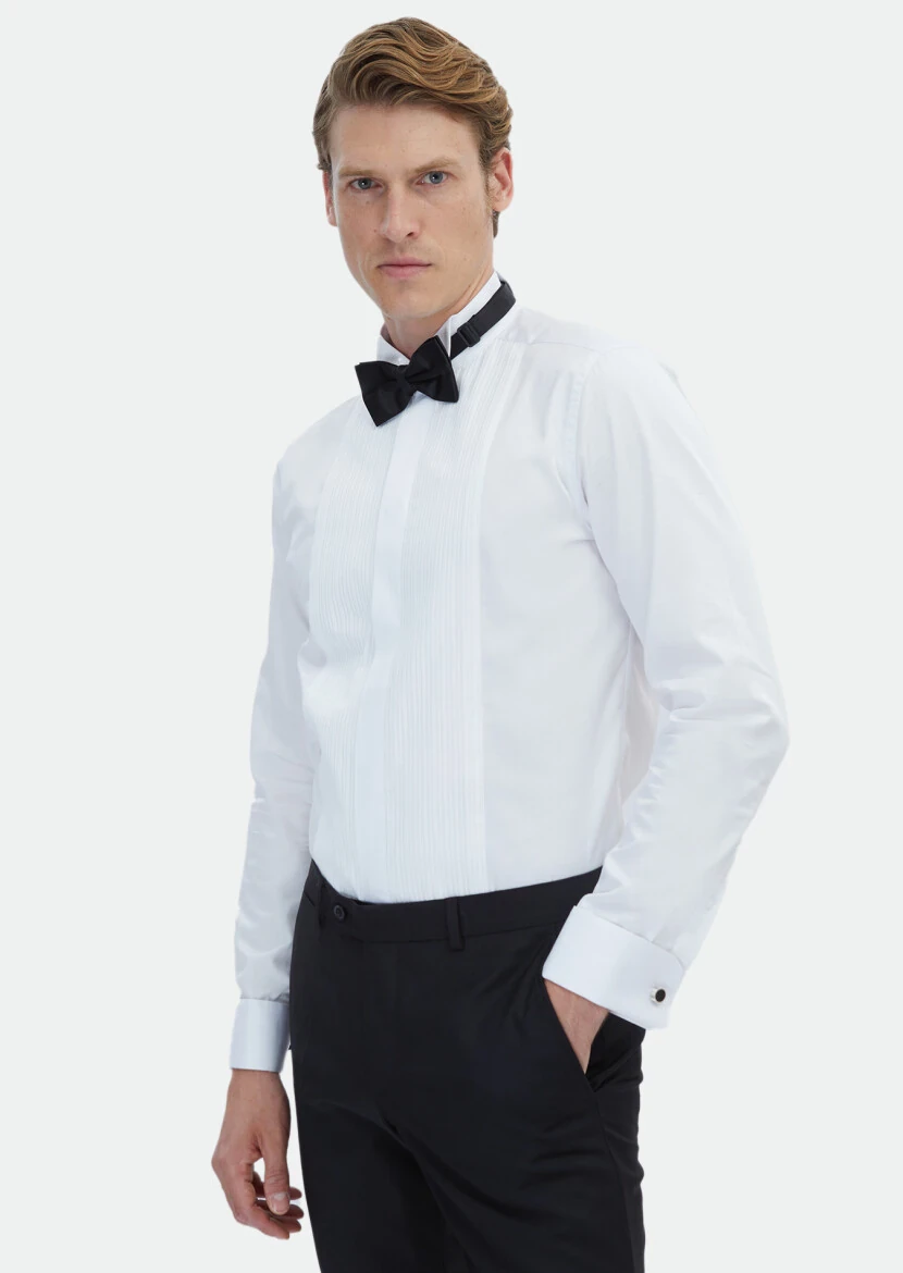 White Plain Slim Fit Double Cuff Wing Collar Tuxedo Shirts - RAMSEY