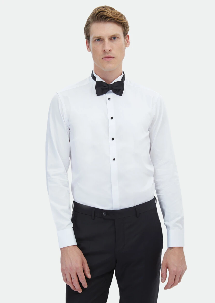 White Plain Slim Fit Double Cuff Wing Collar Tuxedo Shirts - RAMSEY