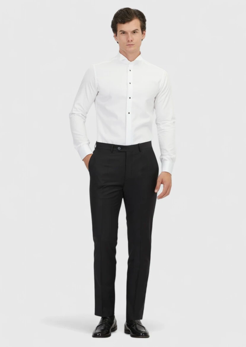White Plain Slim Fit Double Cuff Wing Collar Tuxedo Shirts - RAMSEY