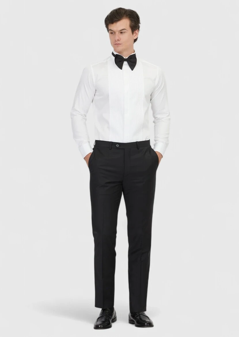 White Plain Slim Fit Double Cuff Wing Collar Tuxedo Shirts - RAMSEY