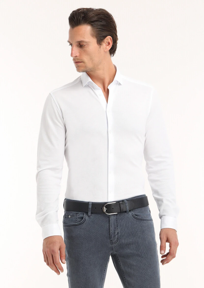 White Plain Slim Fit Knitting Casual 100% Cotton Shirt - 2