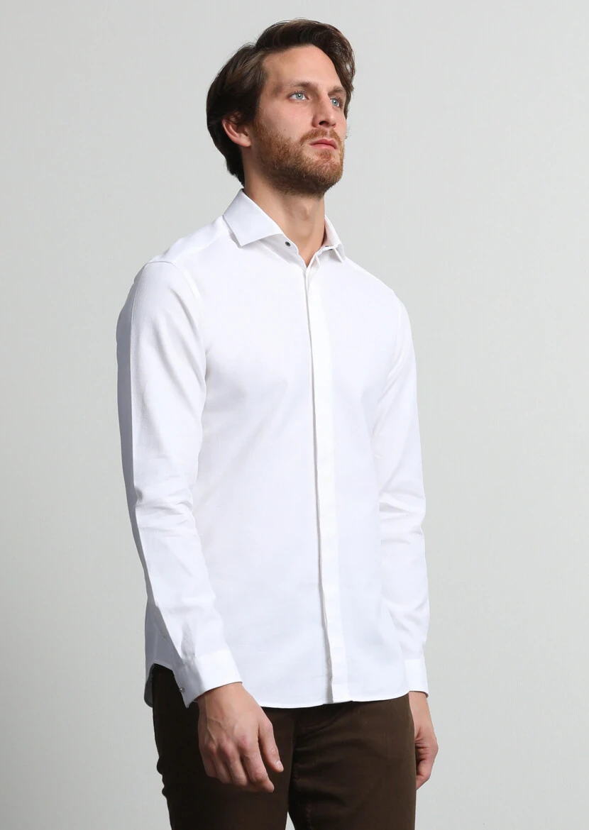 White Plain Slim Fit Weaving Casual 100% Cotton Shirt - 3
