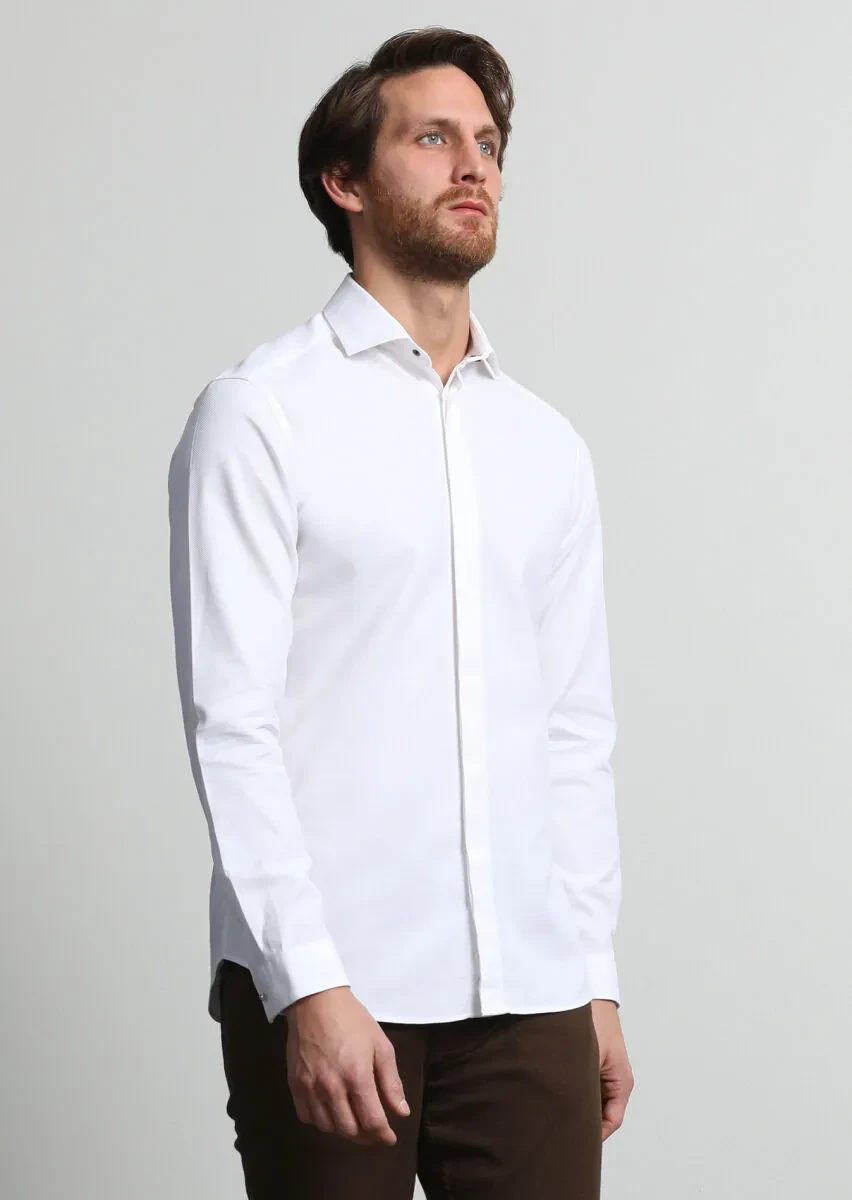 White Plain Slim Fit Weaving Casual 100% Cotton Shirt - 3