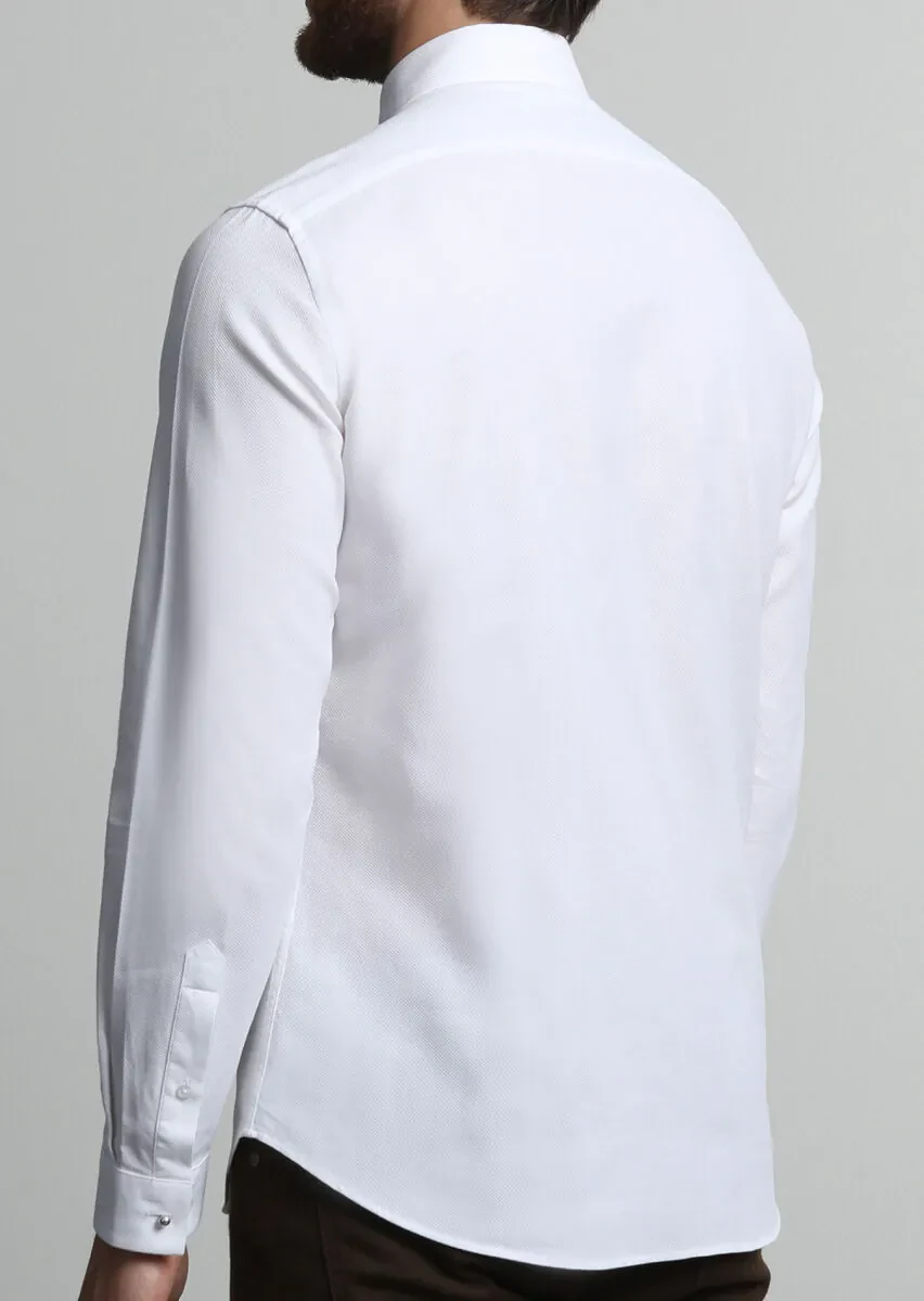 White Plain Slim Fit Weaving Casual 100% Cotton Shirt - 4