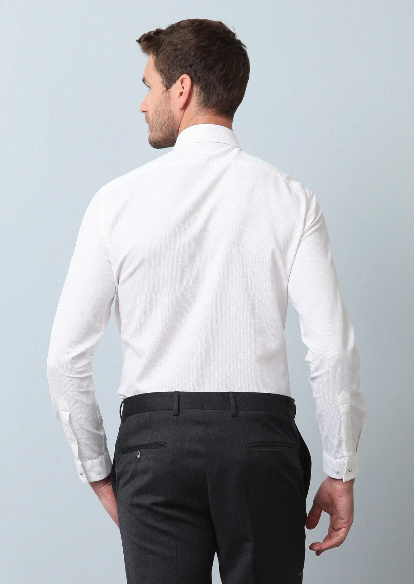 White Plain Slim Fit Weaving Casual 100% Cotton Shirt - 5