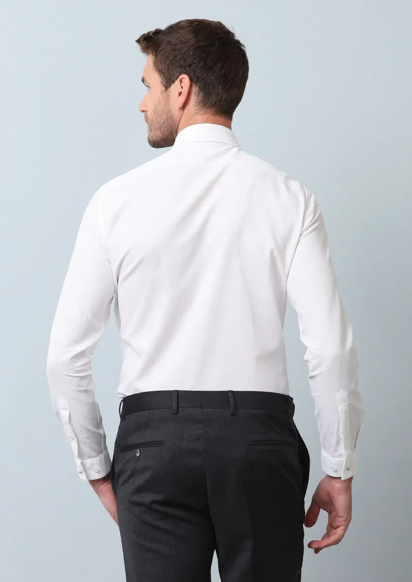 White Plain Slim Fit Weaving Casual 100% Cotton Shirt - 5