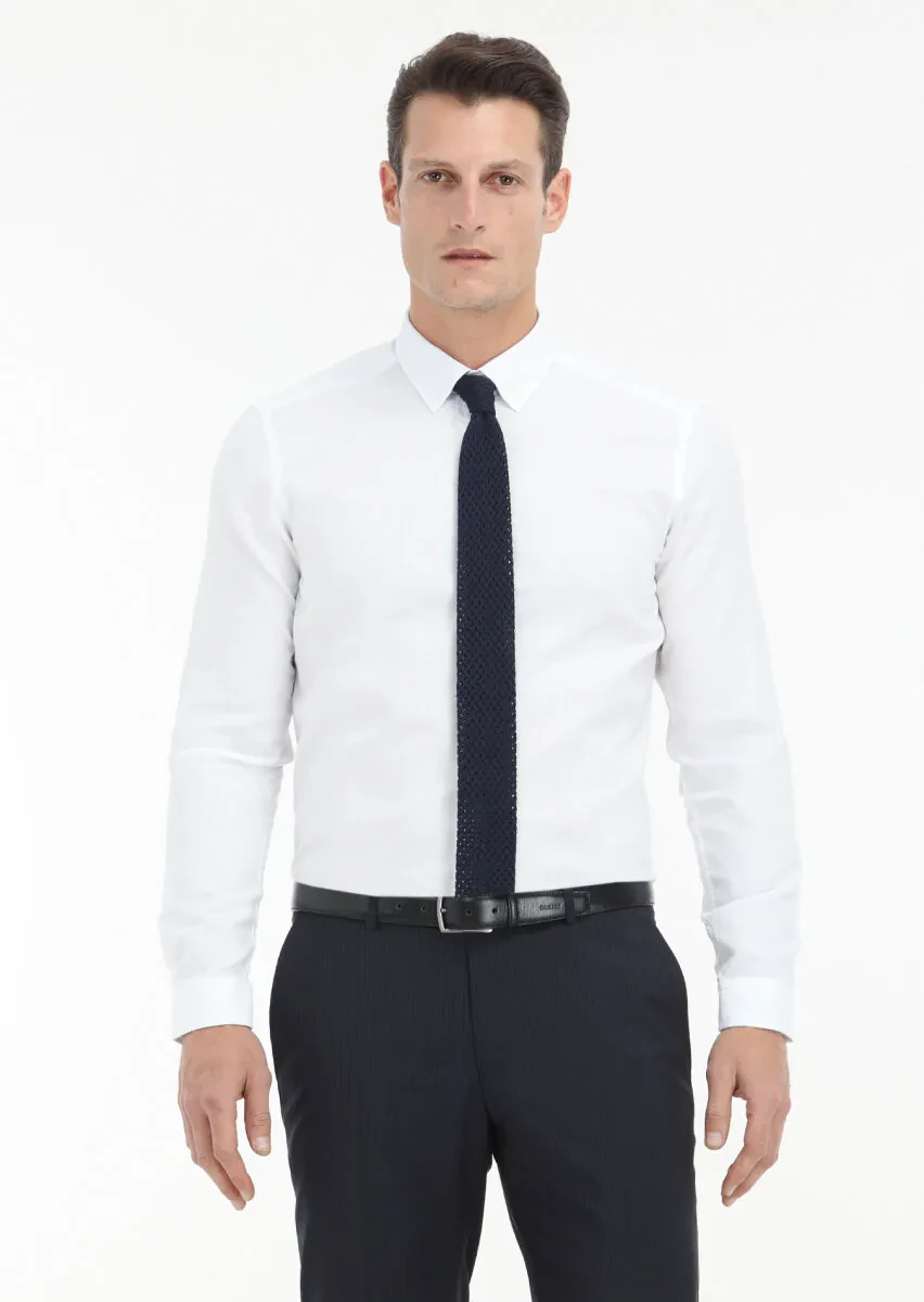 White Plain Slim Fit Weaving Casual 100% Cotton Shirt - 2